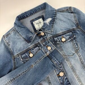 Mudd Denim Trucker Jacket Womens S Blue Jean Casual Distressed Y2K Retro